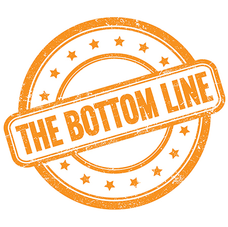 THE BOTTOM LINE text on orange grungy round rubber stamp.