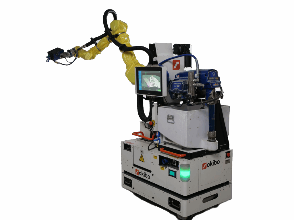 Okibo’s drywall finishing and painting robot is compact enough to fit through standard doorways. Credit: Okibo