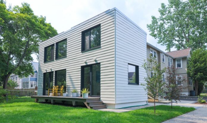 Dorothy ADU is a 900 sq. ft. energy-positive 2-bedroom, 1-bath unit. Photo: Reframe Systems.