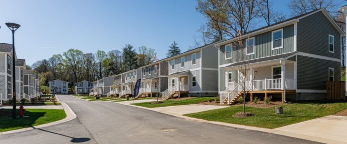 Belle Meadow is a 90-unit, build-to-rent community of 4-bed, 3-bath single-family and duplex homes. Utilizing modular construction, the project was successfully completed in just 13 months. Courtesy of Quartz Properties
