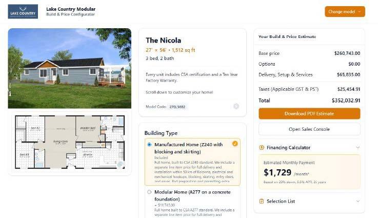 A screenshot of Lake Country Modular’s pricing configurator. A prospective homebuyer can review their options and design their home completely in minutes. The program provides the business and design documentation to allow the fabricator to build the home to the buyer’s specifications. Courtesy of Lake Country Modular.