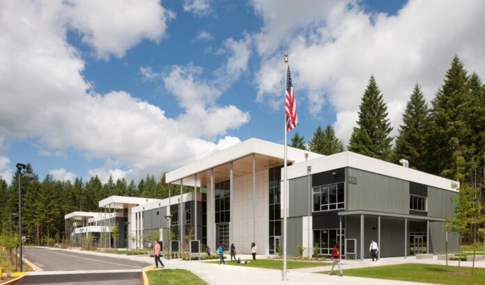 Tesla STEM High School, Redmond, Washington. The school is a hybrid modular/site-built project. Blazer built the main classrooms, restrooms and roof modules, for a total of 161 modules. Credit: Blazer