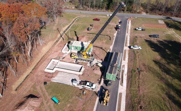 Aerial view of entrance to the Stroubles Ridge CLT development Image courtesy of Community Housing Partners