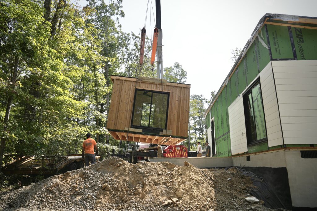 It’s important to engage crane operators early to engineer the on-site set-up. This Wind River Built single-family home is being assembled in Signal Mountain, Tenn.
