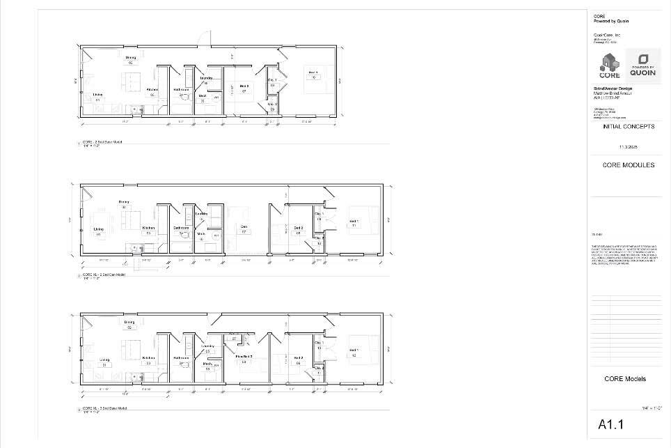 Blueprint of the CORE system. It consists of an affordably priced one-bedroom home that can be supplemented over time with pre-designed modular rooms.