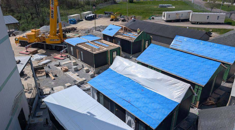 A commercial project deploying Blockhouse’s CoBuild model features a small “village” of modular units that will serve as operations and guest accommodations for musical acts traveling to Star Lake Amphitheater in Burgettstown, Pa. Courtesy: Blockhouse Residential