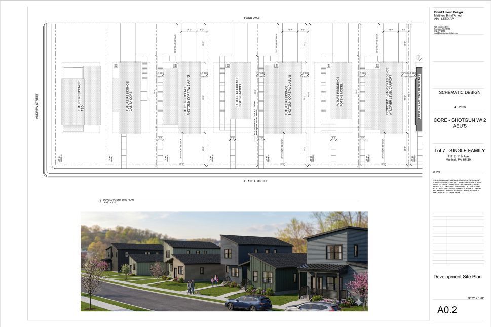Blockhouse’s seven-unit development in Munhall, Allegheny County, Pa. Four CORE platform homes will demonstrate the entry price point of the CORE unit and how accessory unit configurability seamlessly adds customization. Courtesy: Blockhouse Residential.