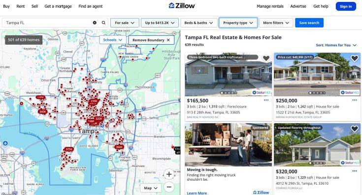 As of April 1, 2026, there were 639 single-family homes for sale in the Tampa, Fla. area. Image Courtesy: Zillow
