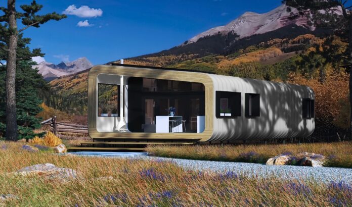 A rendering of The Nexus Villa in a natural setting. The design includes a large, covered deck. photo courtesy of G-pod