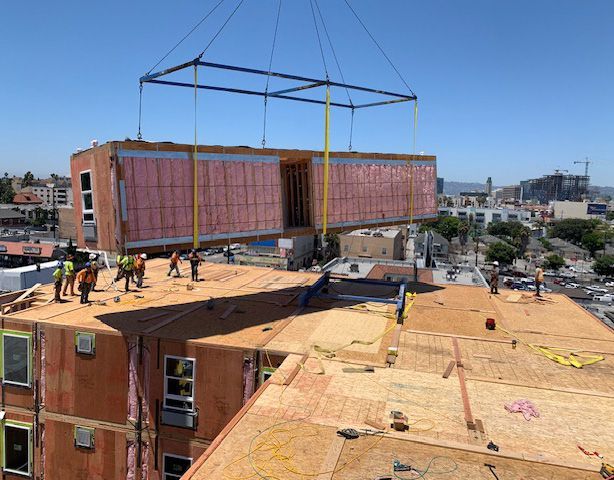 ModSet visits both site and factory before set day to make sure there are no surprises. ModSet performed the set on this mixed-use project in Los Angeles, California. Credit: ModSet