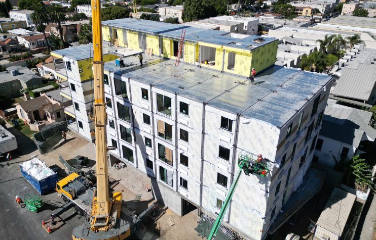 48 modules set in West Adams Neighborhood, Los Angeles, Calif. Client: West Manufacturing Manufacturer: West Manufacturing. Photo credit: MODSET