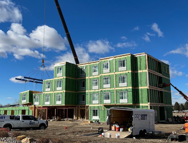 Setting modules on a Marriott Fairfield Inn located in Montrose, Colorado. The 90-room hotel, which was completed in 2024, includes 57 modular boxes. Photo credit: ProSet Modular