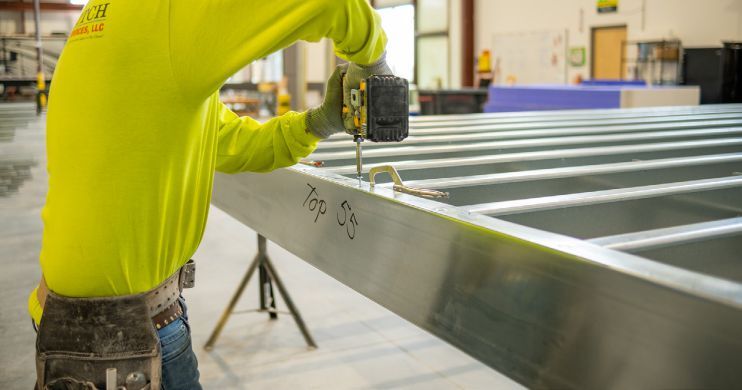Developing the prefabricated walls for the CHI Health Immanuel Medical Center Family Clinic in Omaha, Nebraska. Photo credit: McCarthy Building Companies
