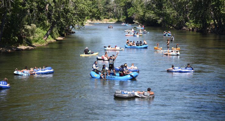 As part of Autovol’s pirate-themed summer shindig, 80 people floated down the Boise River dressed as pirates. Credit: Autovol